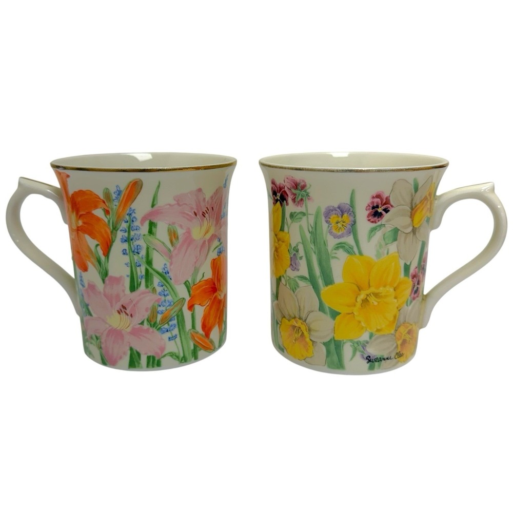 Vtg LENOX The Flower Blossom Collection Suzanne Clee Lot Of 2 Tea Coffee Mugs‎